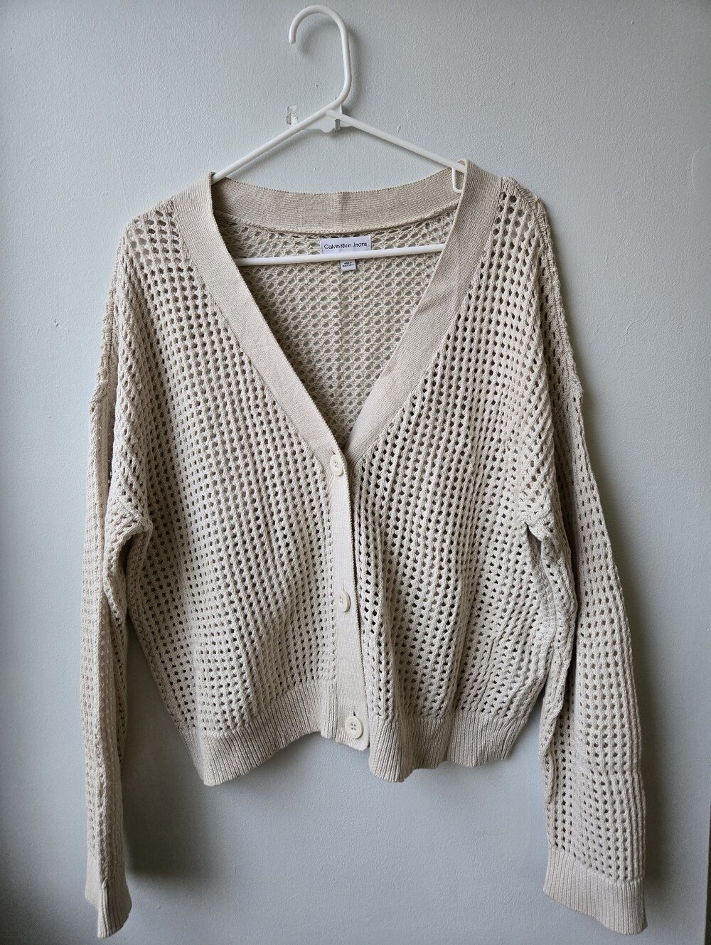 Open-Knit Cream Button-Front Cardigan Sweater LG By Calvin Klein Great Layering